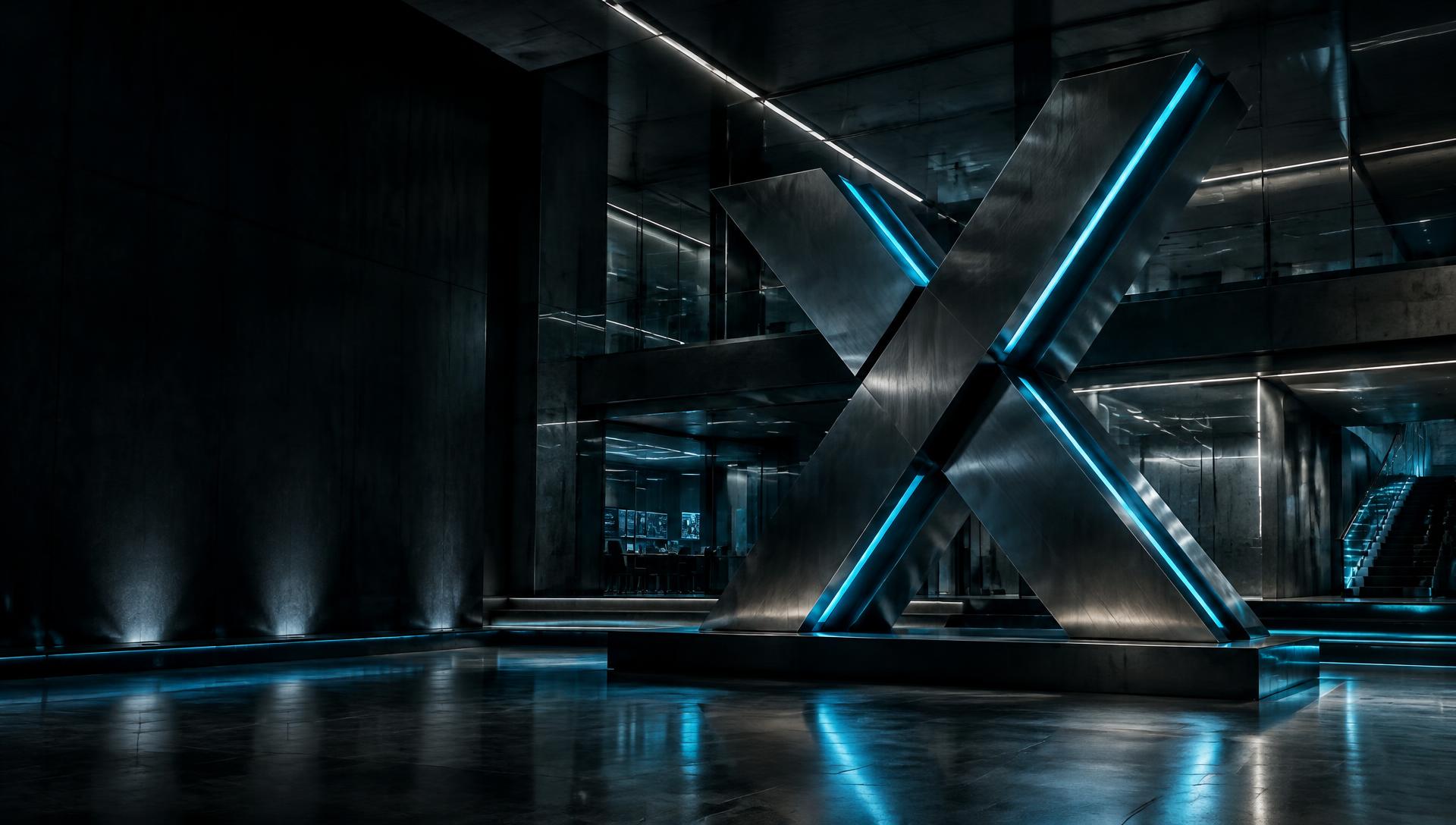 Instalação futurística de um X metálico iluminado em azul